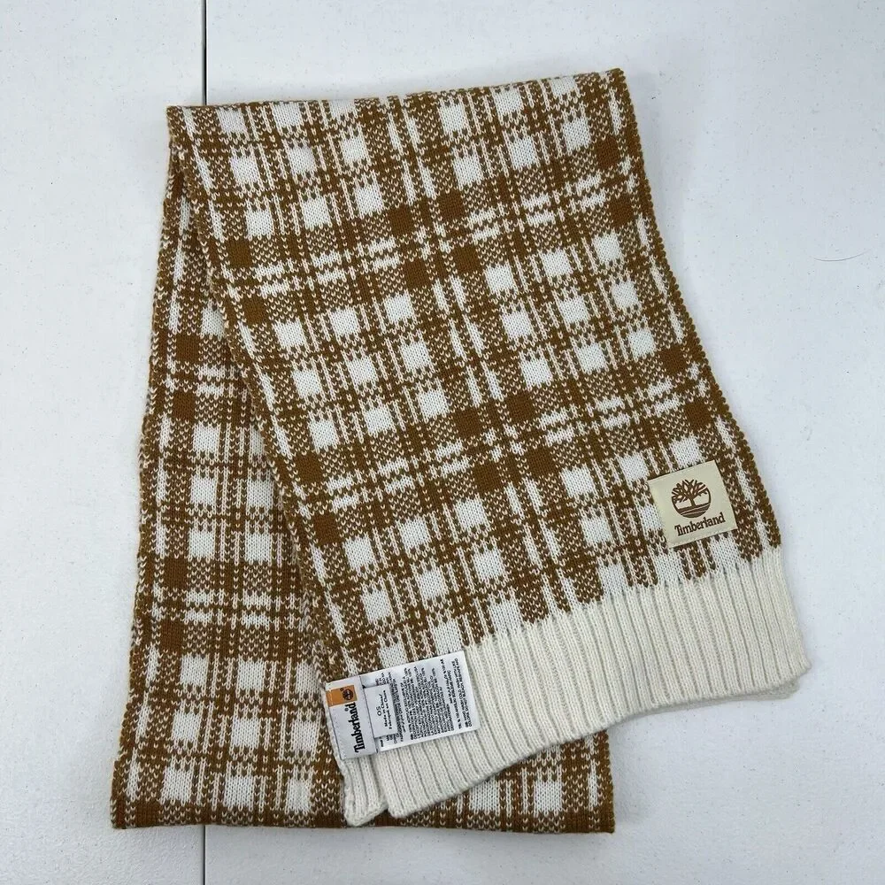 Timberland Scarf Wheat Buffalo Plaid Knit One Size 64 In X 10 In‎ Ribbed Trim